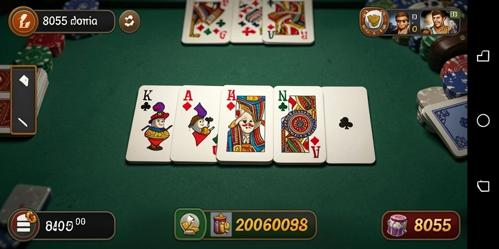 Tampilan gameplay seru dalam 8055 dengan pemain berlaga di meja domino.