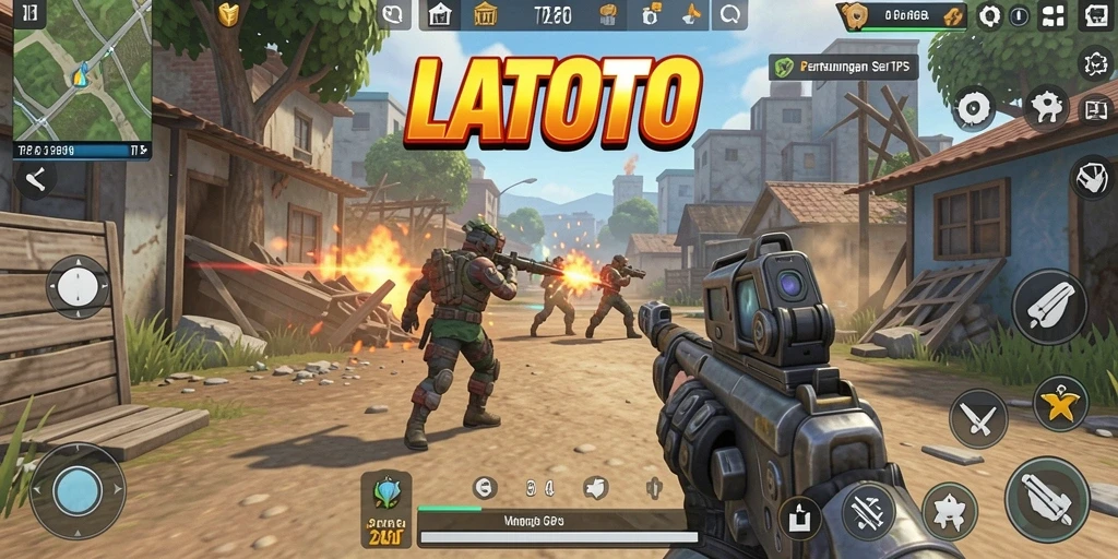 Screenshot menunjukkan aksi intens dalam gameplay TPS LATOTO.