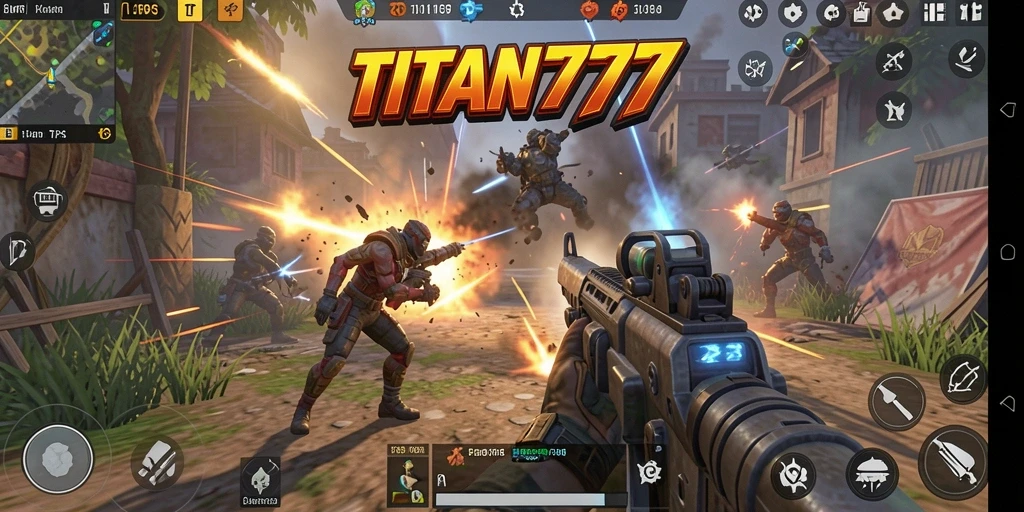 Screenshot utama TITAN777 menampilkan aksi pertempuran seru dalam gameplay TPS.